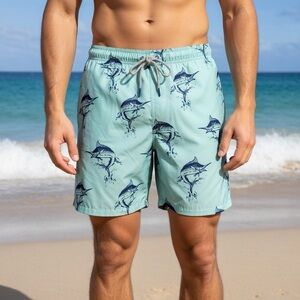 RAINFOREST Teal Aqua Blue Navy Marlins Swim Trunks Fish 3 Pockets Drawstring